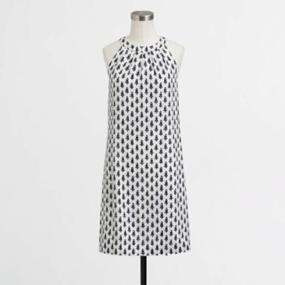 J. Crew Circle Neck Printed White and Navy Dress - Picture 2 of 11
